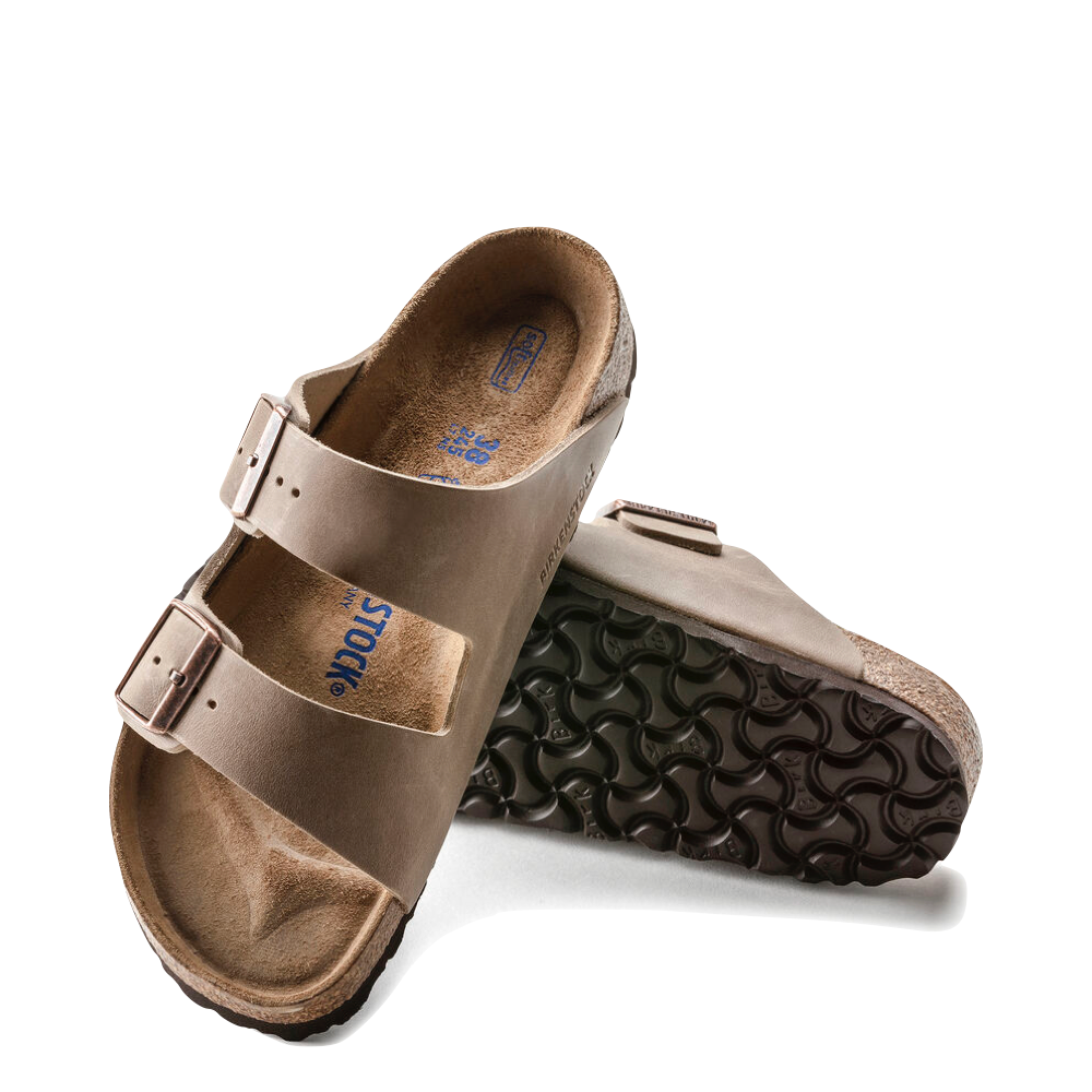 Top-down and bottom view of Birkenstock Arizona Oiled Leather Soft Footbed Sandal for unisex.