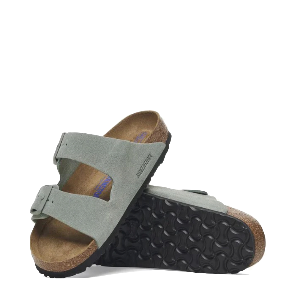 Side and bottom view of Birkenstock Arizona Suede Soft Footbed Sandal.