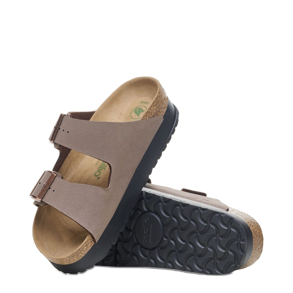 Side and bottom view of Birkenstock Arizona Flex Platform Birko-Flor Sandal for women.