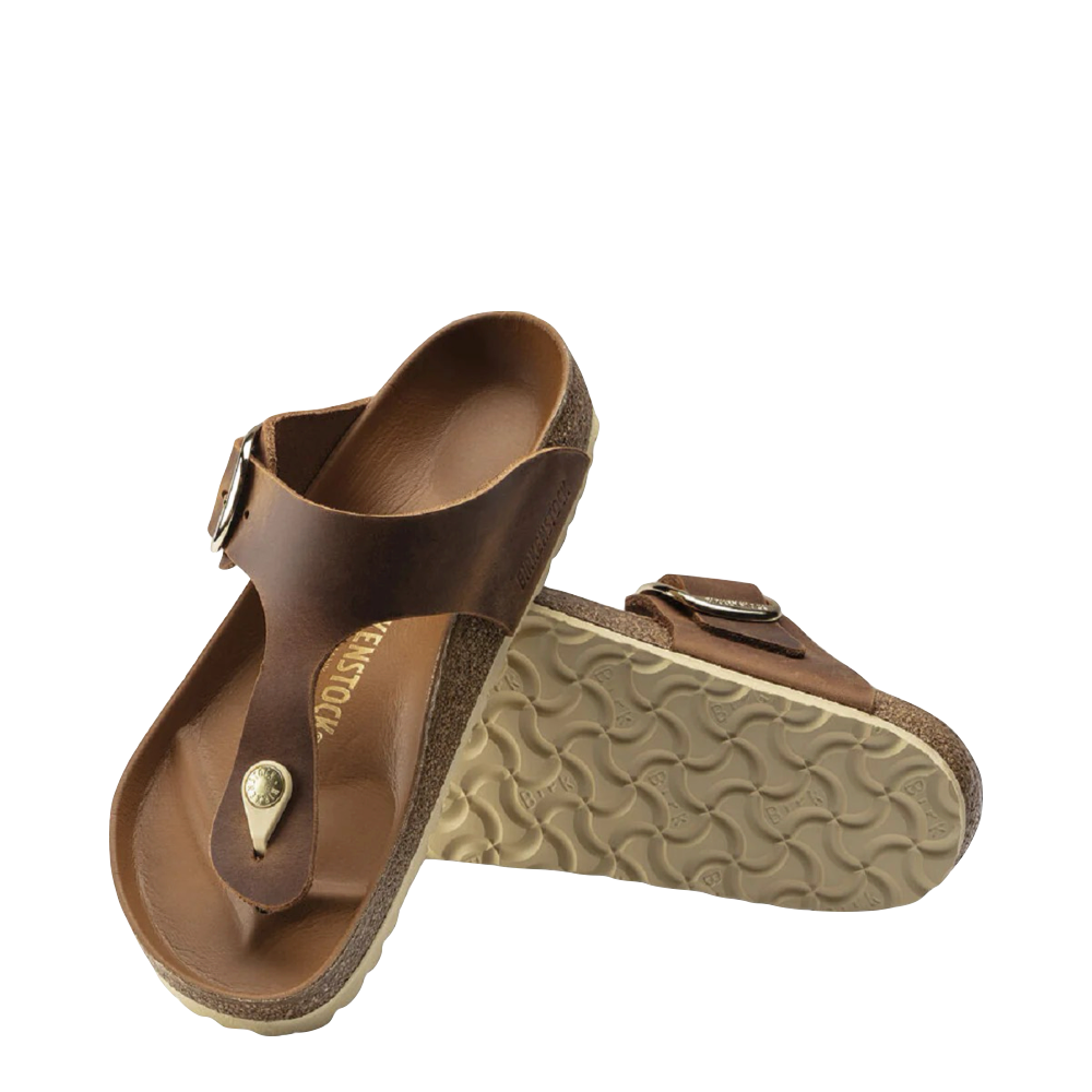 Top down and bottom view of Birkenstock Gizeh Oiled Leather Big Buckle Sandal for women.