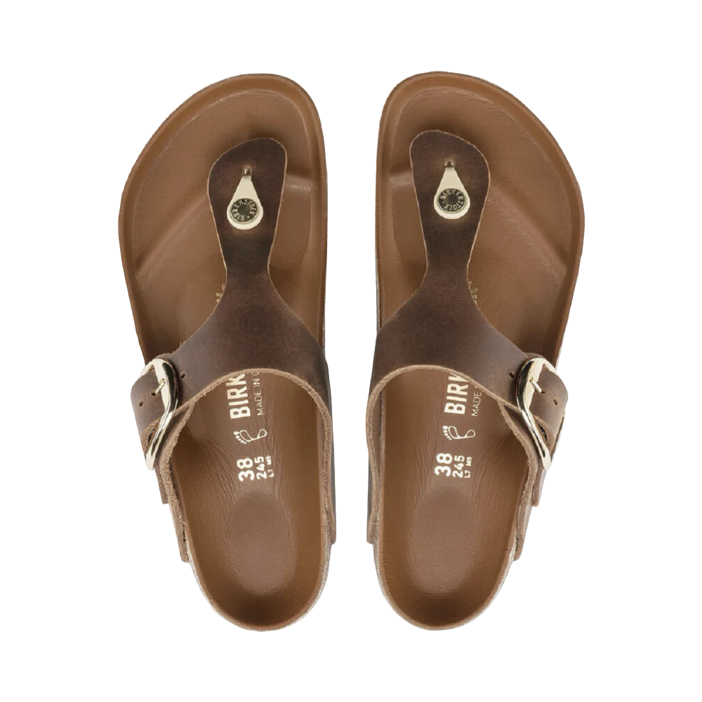 Top-down view of Birkenstock Gizeh Oiled Leather Big Buckle Sandal for women.