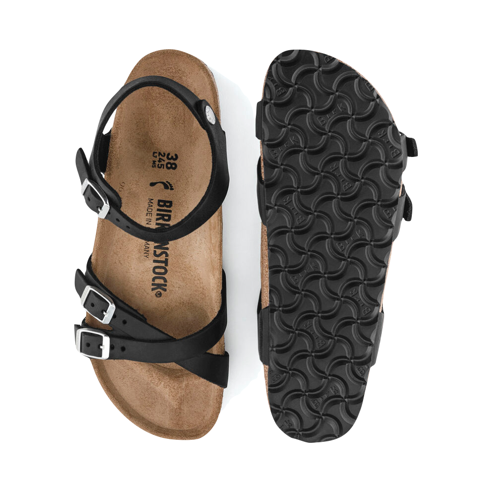 Top and bottom view of Birkenstock Kumba Oiled Leather Strap Sandal for women.