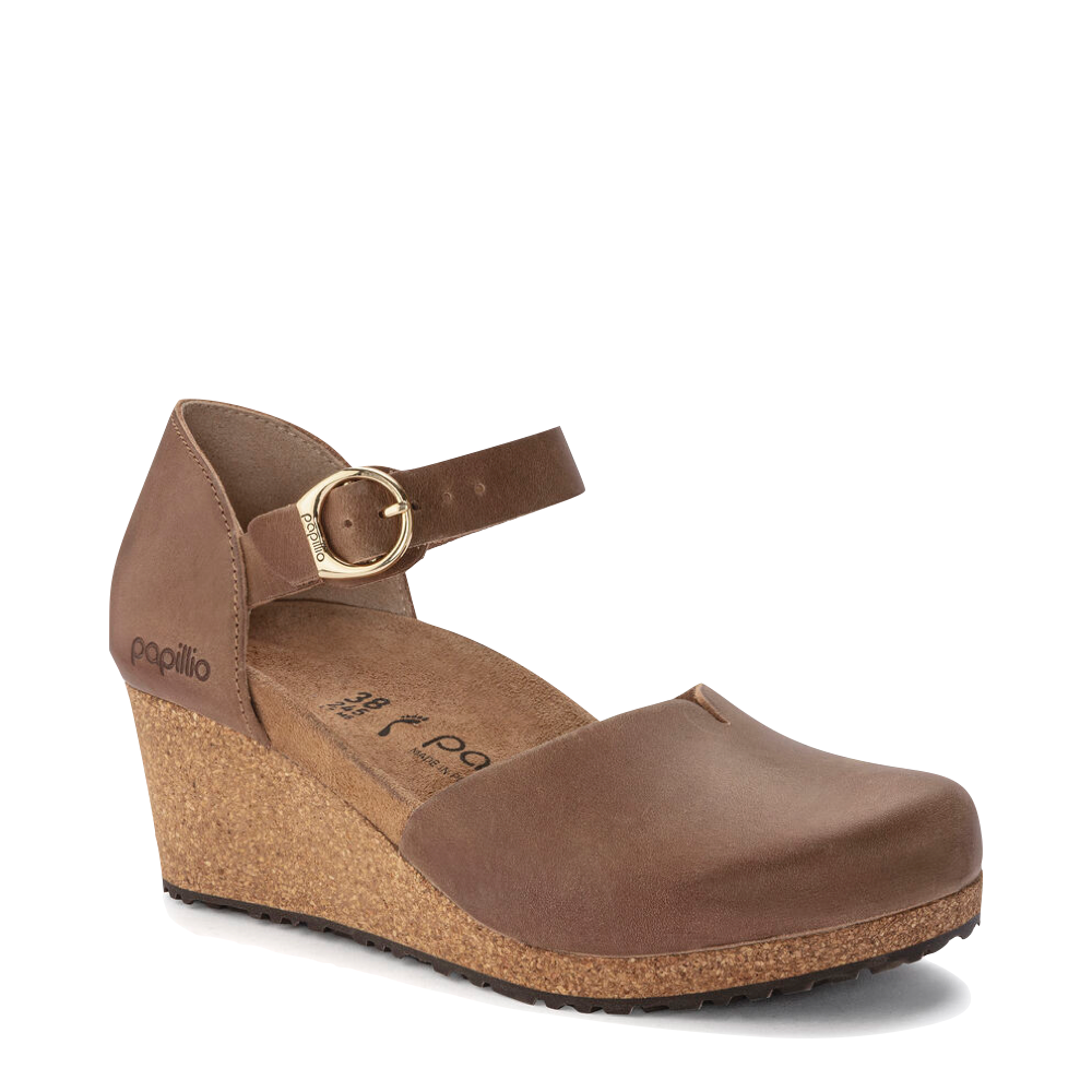 Toe view of Birkenstock Mary Oiled Leather Closed Toe Cork Wedge for women.