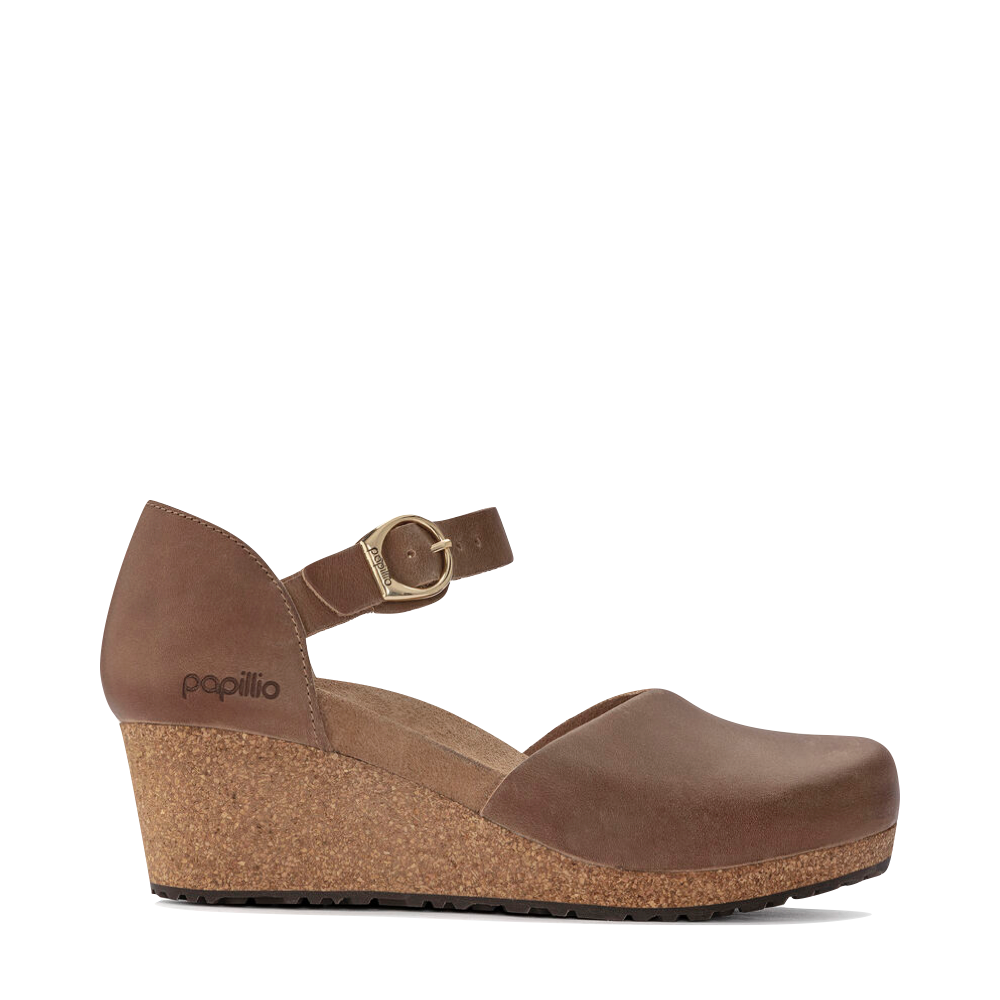 Side (right) view of Birkenstock Mary Oiled Leather Closed Toe Cork Wedge for women.