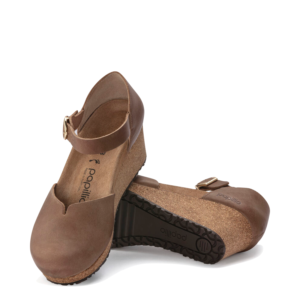 Top-down and bottom view of Birkenstock Mary Oiled Leather Closed Toe Cork Wedge for women.