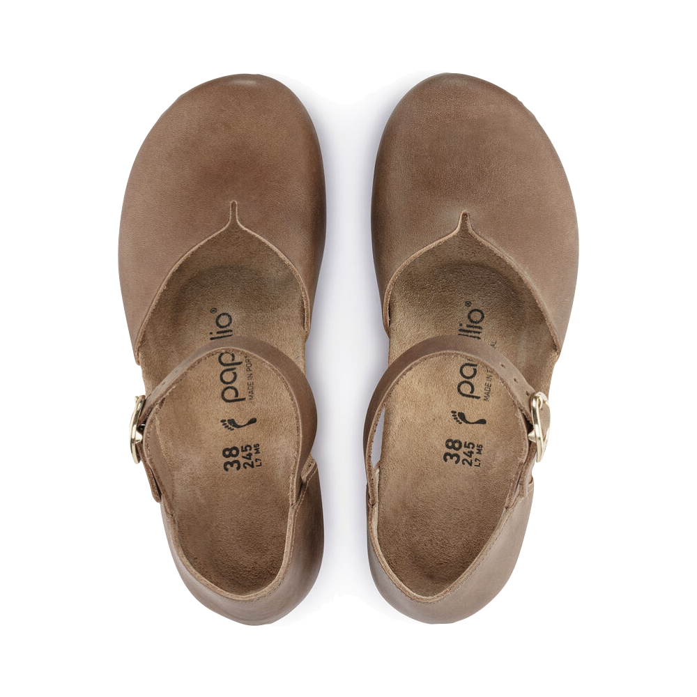 Top-down view of Birkenstock Mary Oiled Leather Closed Toe Cork Wedge for women.