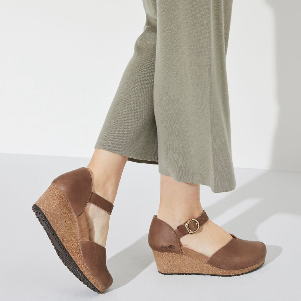 Model view of Birkenstock Mary Oiled Leather Closed Toe Cork Wedge for women.