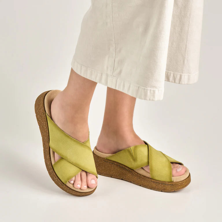 Dansko Women's Bridget Leather Platform Slide Sandal in Lime Burnished Suede