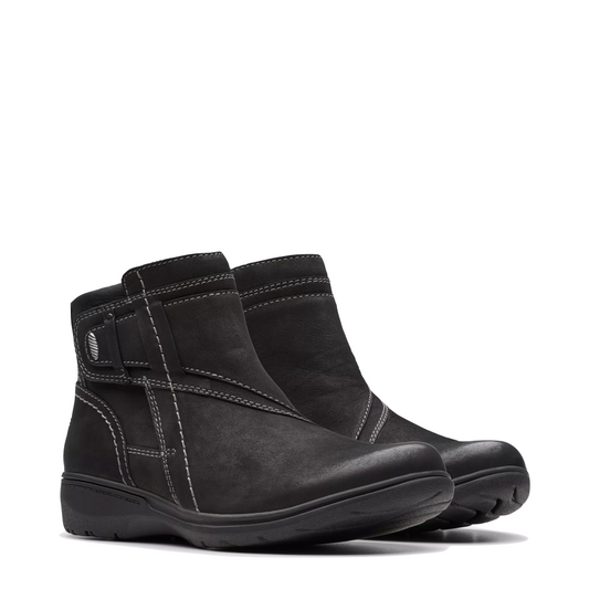 Mudguard and Toe view of Clarks Carleigh Style Nubuck Ankle Boot for women.