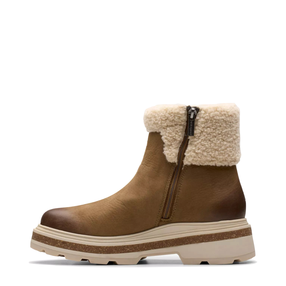 Side (left) view of Clarks Hencroft Madi Warm Lined Waterproof Side Zip Ankle Boot for women.