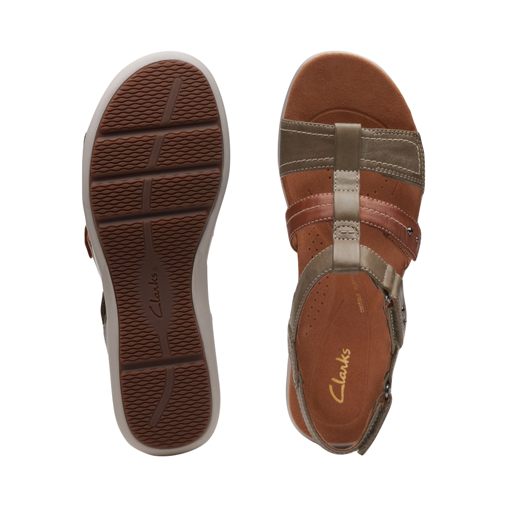 Top-down and bottom view of Clarks Kitly Step Adjustable Strap Sandal for women.