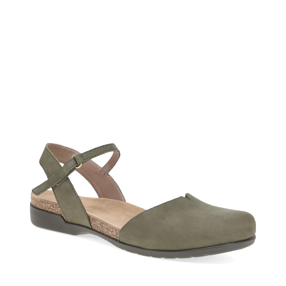 Mudguard and Toe view of Dansko Rowan Closed Toe Sandal for women.