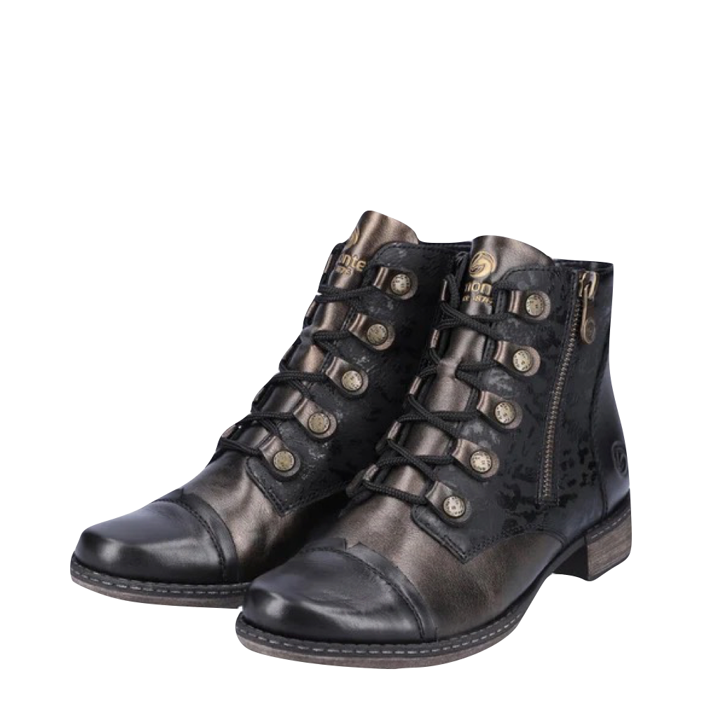 Mudguard and Toe view of Remonte Chandra 91 Mid Side Zip Lace Boot for women.