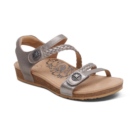 Aetrex Women's Jillian Braided Quarter Strap Sandal in Brushed Silver