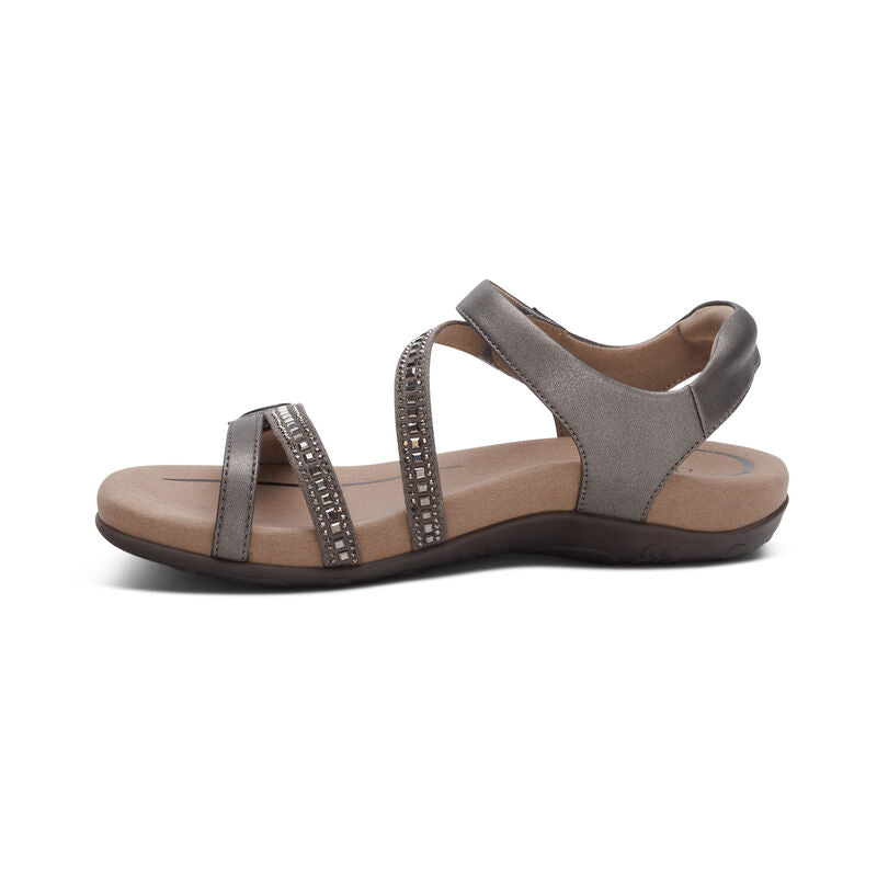 Aetrex Women's Jess Adjustable Quarter Strap Sandal in Pewter Sparkle