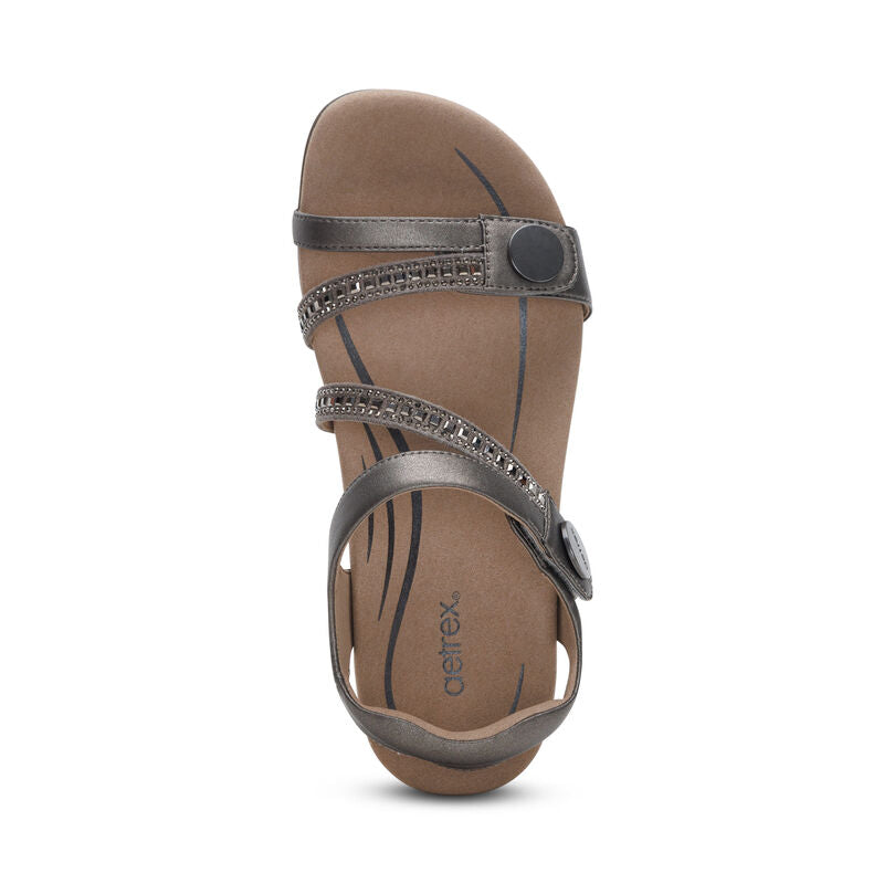 Aetrex Women's Jess Adjustable Quarter Strap Sandal in Pewter Sparkle