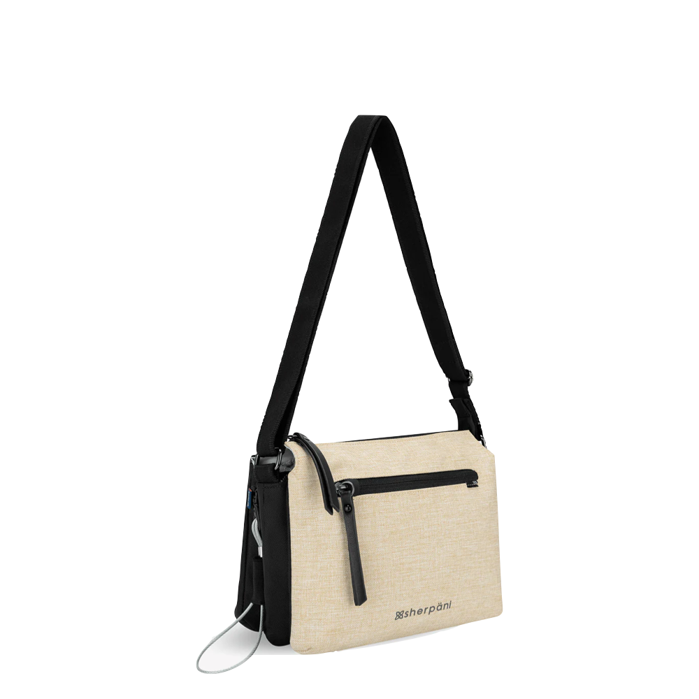 Front and side view of Sherpani Mei Anti Theft Travel Trio Crossbody Bag.