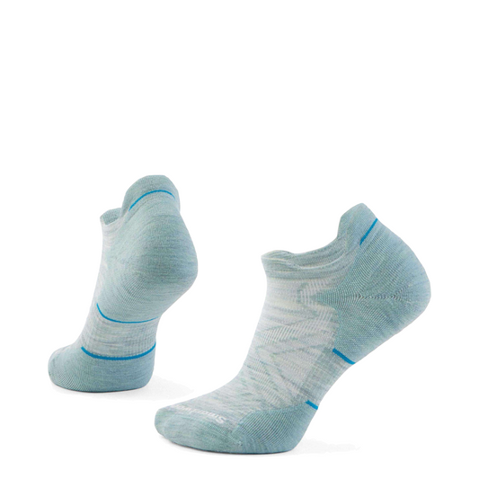 Side (left) and bottom view of Smartwool Run Targeted Cushion Ankle Socks for women.