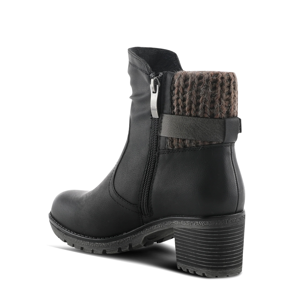 Heel view of Spring Step Rene Water Resistant Side Zip Sweater Cuff Heeled Boot for women.