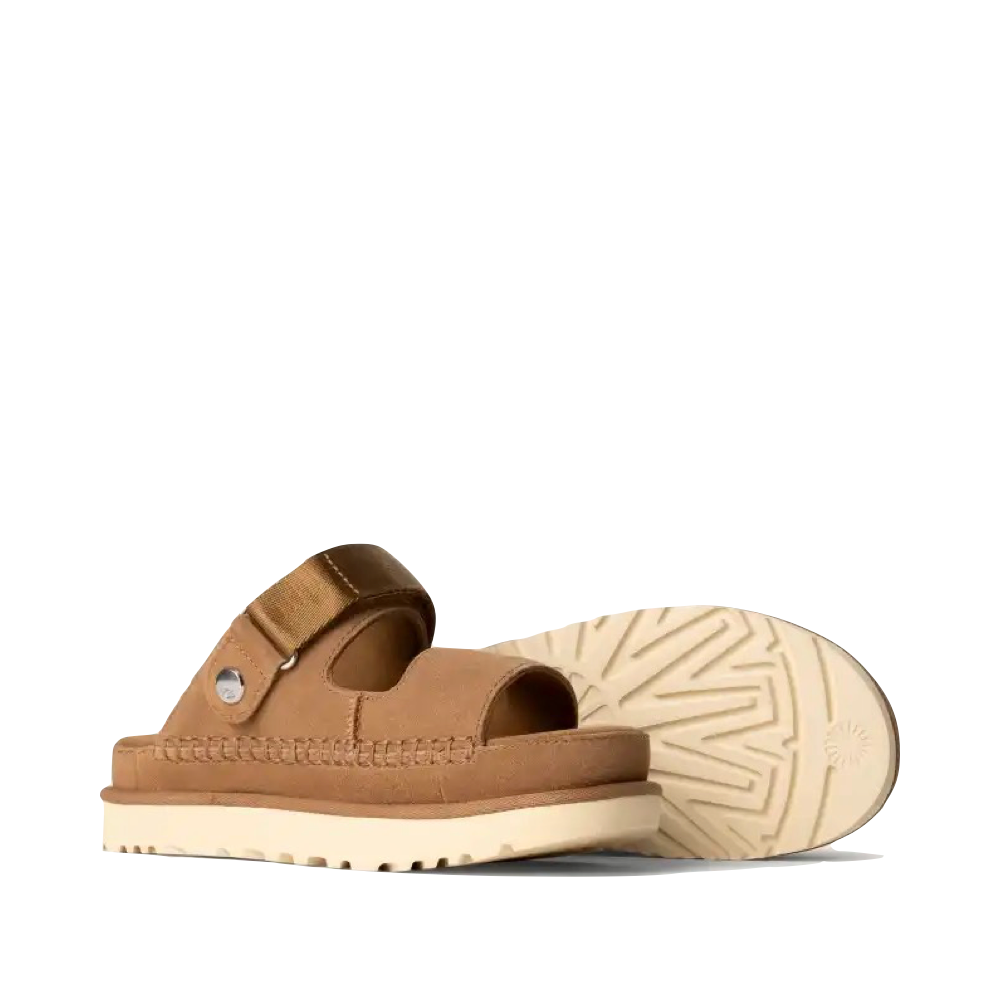 Side (right) and bottom view of Ugg GoldenGlide Convertible Back Strap Sandal for women.